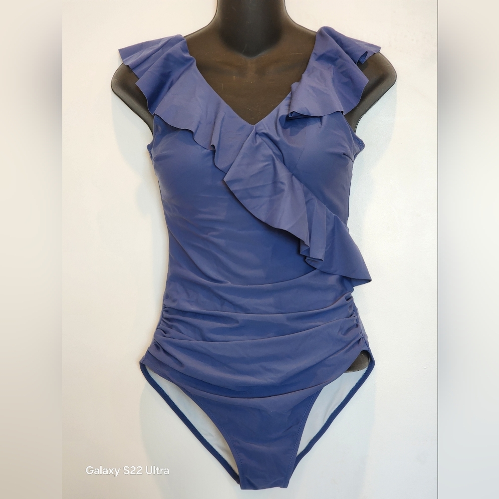 Blooming Jelly Tummy Control Slimming Blue Ruffle V Neck Swimsuit Size S - Picture 3 of 6